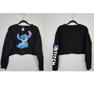 Disney Stitch Black Cropped Sweater Long Sleeve Crewneck Size XL Casual